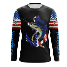 Load image into Gallery viewer, Sailfish fishing legend American flag 4th July Customize Name UV protection long sleeve fishing shirts NQS5524