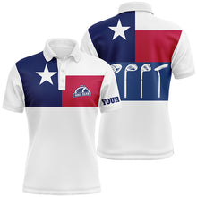 Load image into Gallery viewer, Mens golf polo shirt golf club Texas flag patriot golf custom name white golf shirt, golfing gift NQS6189