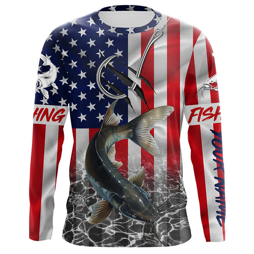 American Flag Catfish Fish hook Custom long sleeve performance Fishing Shirts, Catfish Fishing jerseys NQS5535