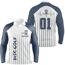 Load image into Gallery viewer, Blue white Mens disc golf polo shirt custom name, number disc golf heartbeat jersey, disco golf outfit NQS6206