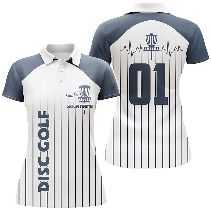 Blue white Womens disc golf polo shirt custom name, number disc golf heartbeat jersey, disco golf outfit NQS6206