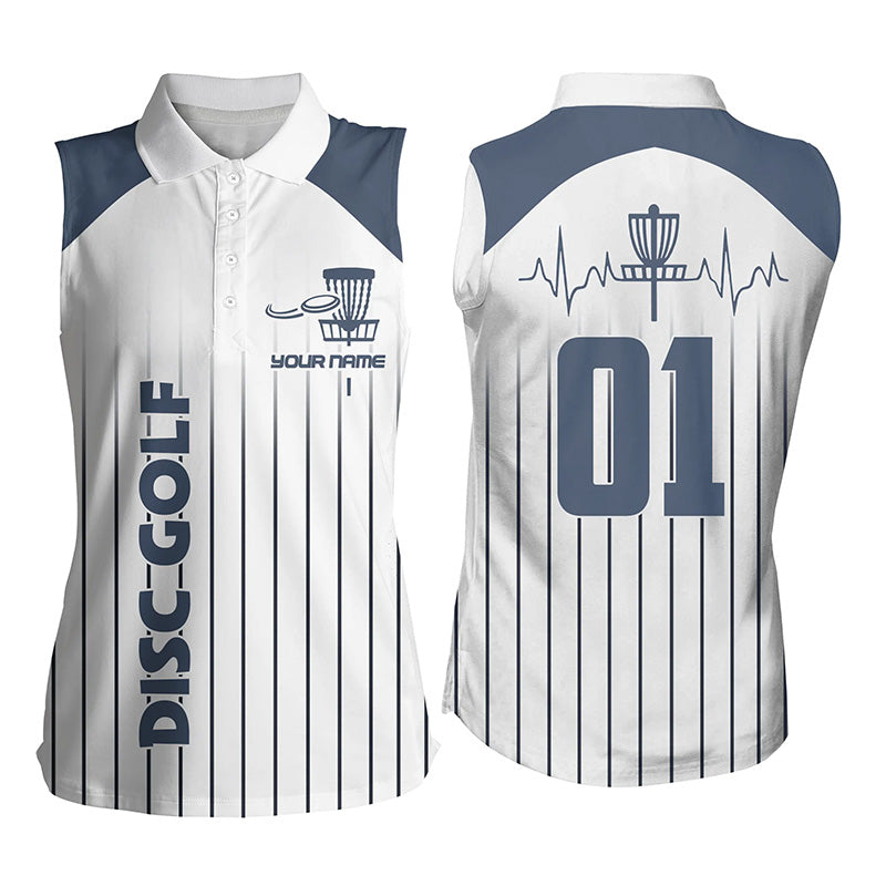 Blue white Womens sleeveless polo shirt custom name, number disc golf heartbeat jersey, disco golf outfit NQS6206