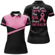 Load image into Gallery viewer, Black and pink Womens golf polo shirts custom Hell Yes They&#39;re Fake The Real Ones Tried To Kill Me NQS6214