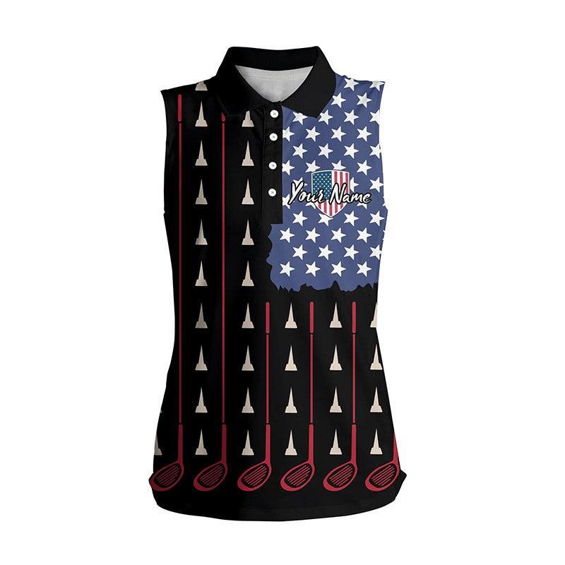 Womens sleeveless polo shirt custom golf tees clubs American flag patriot black ladies golf tops NQS5814