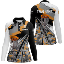 Load image into Gallery viewer, Women disc golf polo shirts custom orange camo disc golf basket team disc golf outfits NQS7347