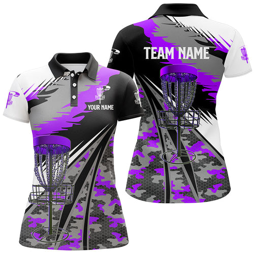 Women disc golf polo shirts custom purple camo disc golf basket team disc golf outfits NQS7348