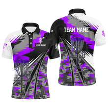 Load image into Gallery viewer, Mens disc golf polo shirt custom purple camo disc golf basket disc golf outfit, team disc golf apparel NQS7348