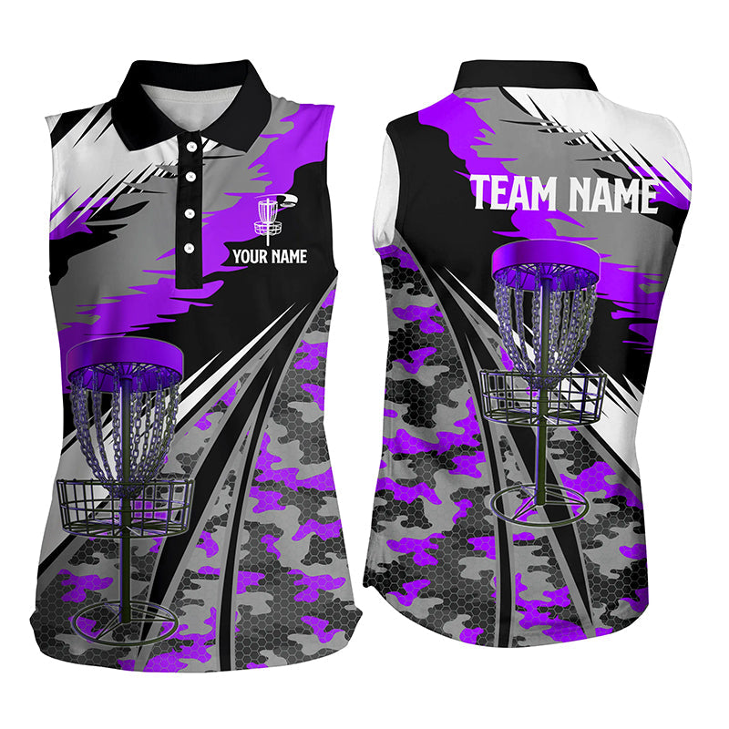 Women disc golf sleeveless polo shirts custom purple camo disc golf basket team disc golf outfit NQS7348