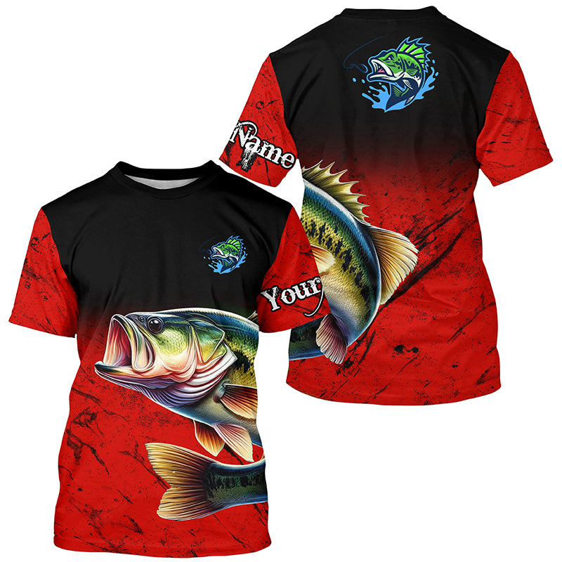 Largemouth Bass Fishing Custom red black long sleeve performance Fishing Shirt, Bass fishing jerseys NQS5071