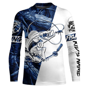 Walleye fishing tattoo blue camo Custom name long sleeves fishing shirts, walleye fishing jerseys NQS4229