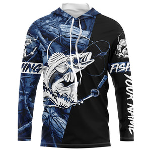 Walleye fishing tattoo blue camo Custom long sleeves fishing shirts, walleye jerseys black version NQS4230