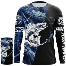 Load image into Gallery viewer, Walleye fishing tattoo blue camo Custom long sleeves fishing shirts, walleye jerseys black version NQS4230