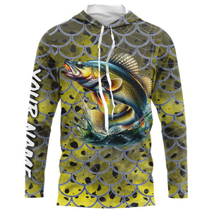 Walleye Fishing yellow scales customize name performance UV protection long sleeves fishing shirts NQS4835