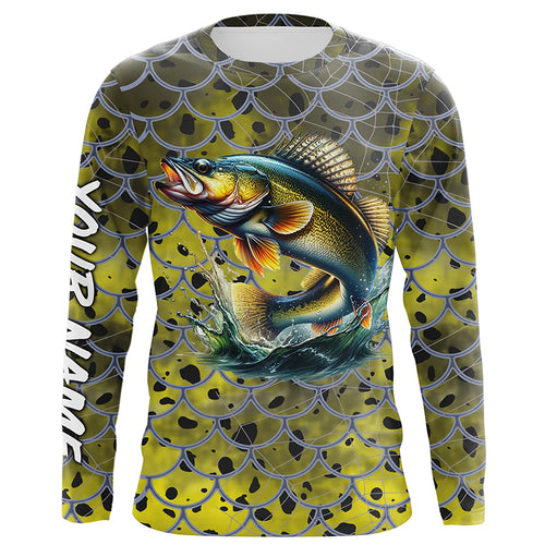 Walleye Fishing yellow scales customize name performance UV protection long sleeves fishing shirts NQS4835