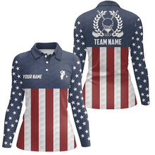 Load image into Gallery viewer, Womens golf polo shirts golf clubs American flag custom patriotic ladies golf shirt, golf gifts | Navy NQS5859