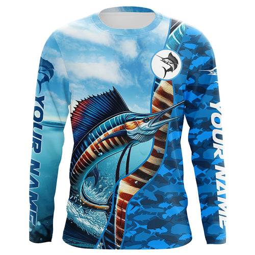 Sailfish saltwater fishing Custom sea blue camo UV Protection Fishing shirts, sailfish fishing Jerseys NQS5630