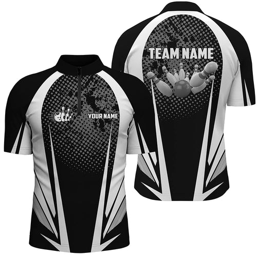 Men's Bowling Quarter-Zip Shirt Custom bowling ball and pins black and white team Men Bowlers Jerseys NQS5873