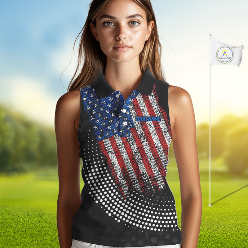 Personalized golf sleeveless polo shirts Vintage American Flag Custom patriotic golf tops for ladies NQS9835