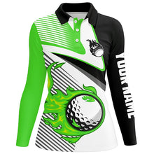 Load image into Gallery viewer, Womens golf polo shirts custom flame golf ball fire golf apparel for ladies, unique golf gifts | Green NQS7984