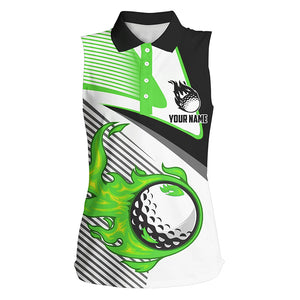 Womens sleeveless golf polo shirts custom flame golf ball apparel for ladies, unique golf gift | Green NQS7984