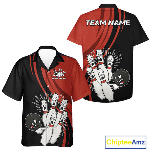 Funny Bowling ball and pins Black and Red Bowling Team Hawaiian shirt Custom Retro Bowling shirt NQS10225