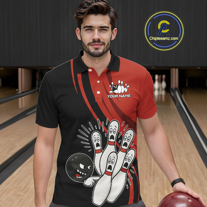 Funny Bowling ball and pins Black and Red Bowling Team Shirts For Men Custom Retro Bowling Jerseys NQS10225