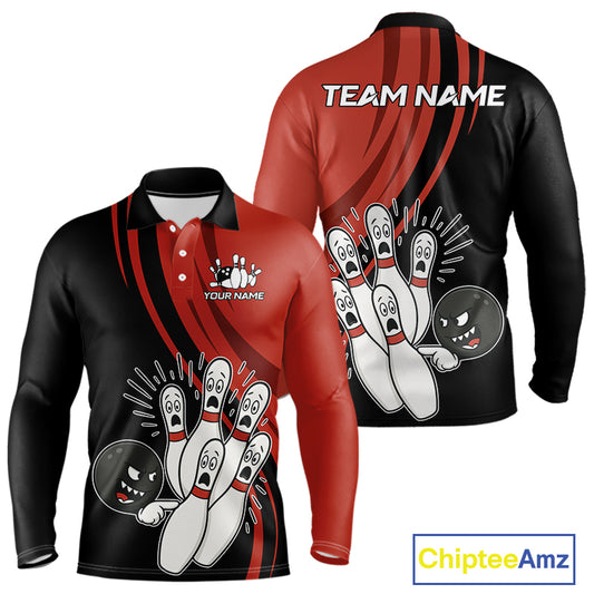 Funny Bowling ball and pins Black and Red Bowling Team Shirts For Men Custom Retro Bowling Jerseys NQS10225