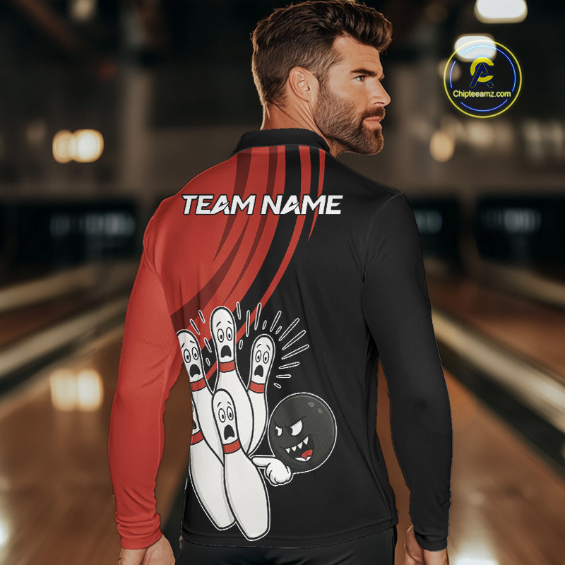 Funny Bowling ball and pins Black and Red Bowling Team Shirts For Men Custom Retro Bowling Jerseys NQS10225
