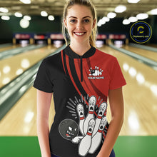 Load image into Gallery viewer, Funny Bowling ball and pins Black and Red Bowling Team Shirts For Women Custom Retro Bowling Jerseys NQS10225