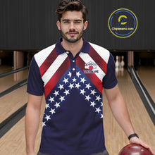 Load image into Gallery viewer, Red, White &amp; Blue American Flag Mens Bowling Polo, 1/4 Zip Shirt Custom Patriotic Team Bowling Jersey NQS10226