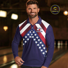 Load image into Gallery viewer, Red, White &amp; Blue American Flag Mens Bowling Polo, 1/4 Zip Shirt Custom Patriotic Team Bowling Jersey NQS10226