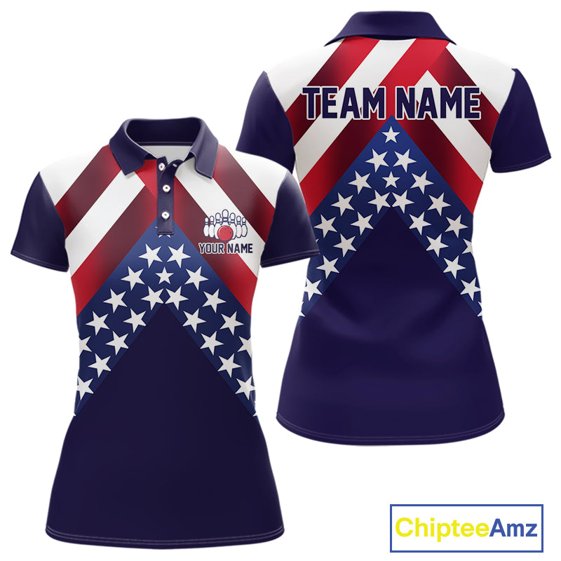 Red, White & Blue American Flag Women Bowling Shirts Custom Patriotic Team Bowling Jersey NQS10226