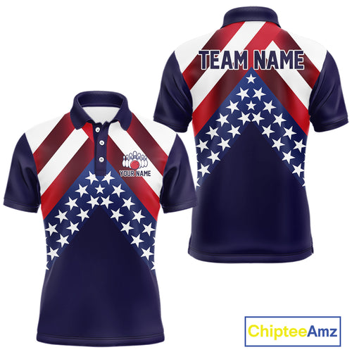Red, White & Blue American Flag Mens Bowling Polo, 1/4 Zip Shirt Custom Patriotic Team Bowling Jersey NQS10226