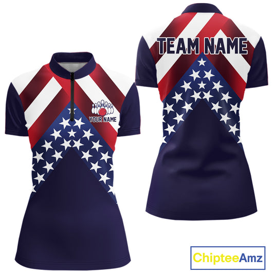 Red, White & Blue American Flag Women Bowling Shirts Custom Patriotic Team Bowling Jersey NQS10226