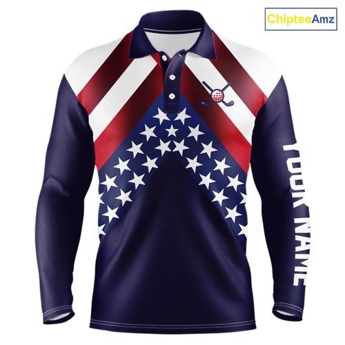 Red, White and Blue American Flag golf polo shirts for men Custom Patriotic mens golf outfit NQS10227