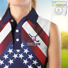Load image into Gallery viewer, Red, White and Blue American Flag sleeveless golf polo shirts Custom Patriotic ladies golf outfit NQS10227