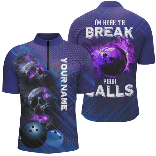 Purple Skull Flame Bowling Shirts For Men Custom Bowling Team Jerseys I'm here to break your balls NQS8635