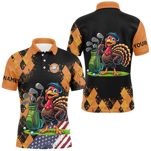 Orange argyle pattern Thanksgiving Turkey American Flag Mens golf polo shirt custom mens golf tops NQS8638