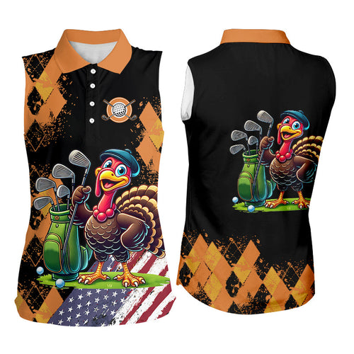 Orange argyle pattern Thanksgiving Turkey American Flag Women sleeveless polos ladies golf tops NQS8638