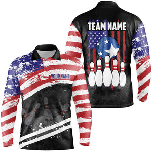 Retro American Flag Bowling Polo, Quarter Zip Shirts For Men Custom Patriotic Bowling Team Jerseys NQS8639