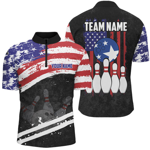 Retro American Flag Bowling Polo, Quarter Zip Shirts For Men Custom Patriotic Bowling Team Jerseys NQS8639