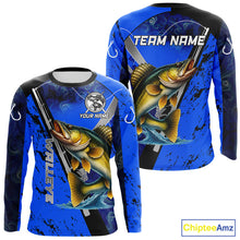 Load image into Gallery viewer, Blue Camo Walleye fishing custom Walleye sun protection long sleeve fishing shirts for Team NQS10817