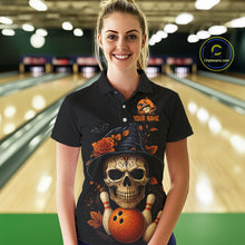 Load image into Gallery viewer, Black and Orange Skull Bowling Polo, Quarter Zip Shirt For Women Custom Halloween Bowling Team Jersey NQS10818