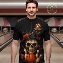 Load image into Gallery viewer, Black and Orange Skull Bowling Polo, Quarter Zip Shirts For Men Custom Halloween Bowling Team Jerseys NQS10818