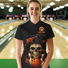 Load image into Gallery viewer, Black and Orange Skull Bowling Polo, Quarter Zip Shirt For Women Custom Halloween Bowling Team Jersey NQS10818