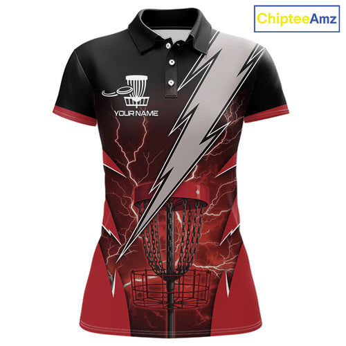Black and Red Lightning Thunder Women Disc golf polo shirts Custom team disc golf jerseys NQS10819