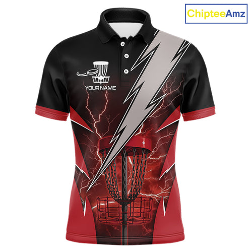 Black and Red Lightning Thunder Mens Disc golf polo shirts Custom team disc golf jerseys NQS10819