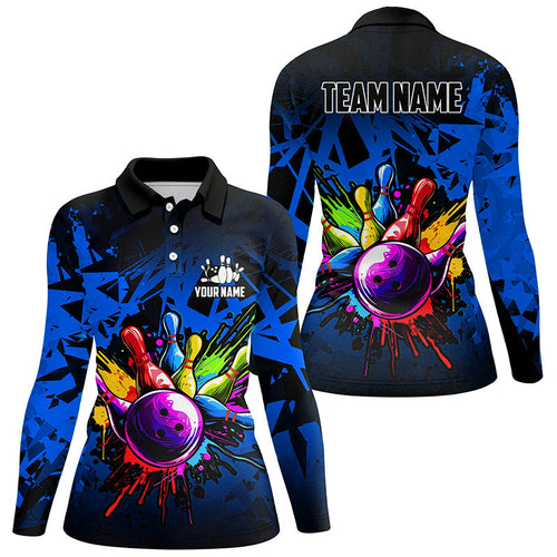 Colorful bowling jersey Polo, 1/4 Zip Shirt for Women Custom Bowling Team shirts for bowler| Blue NQS8880