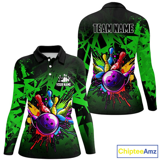 Colorful bowling jersey Polo, 1/4 Zip Shirt for Women Custom Bowling Team shirts for bowler| Green NQS8881