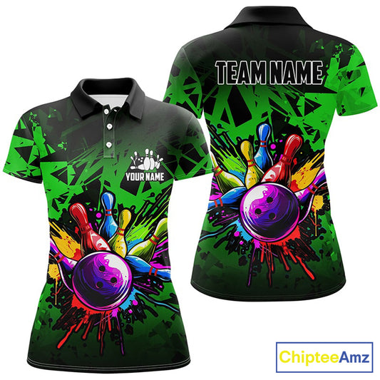 Colorful bowling jersey Polo, 1/4 Zip Shirt for Women Custom Bowling Team shirts for bowler| Green NQS8881